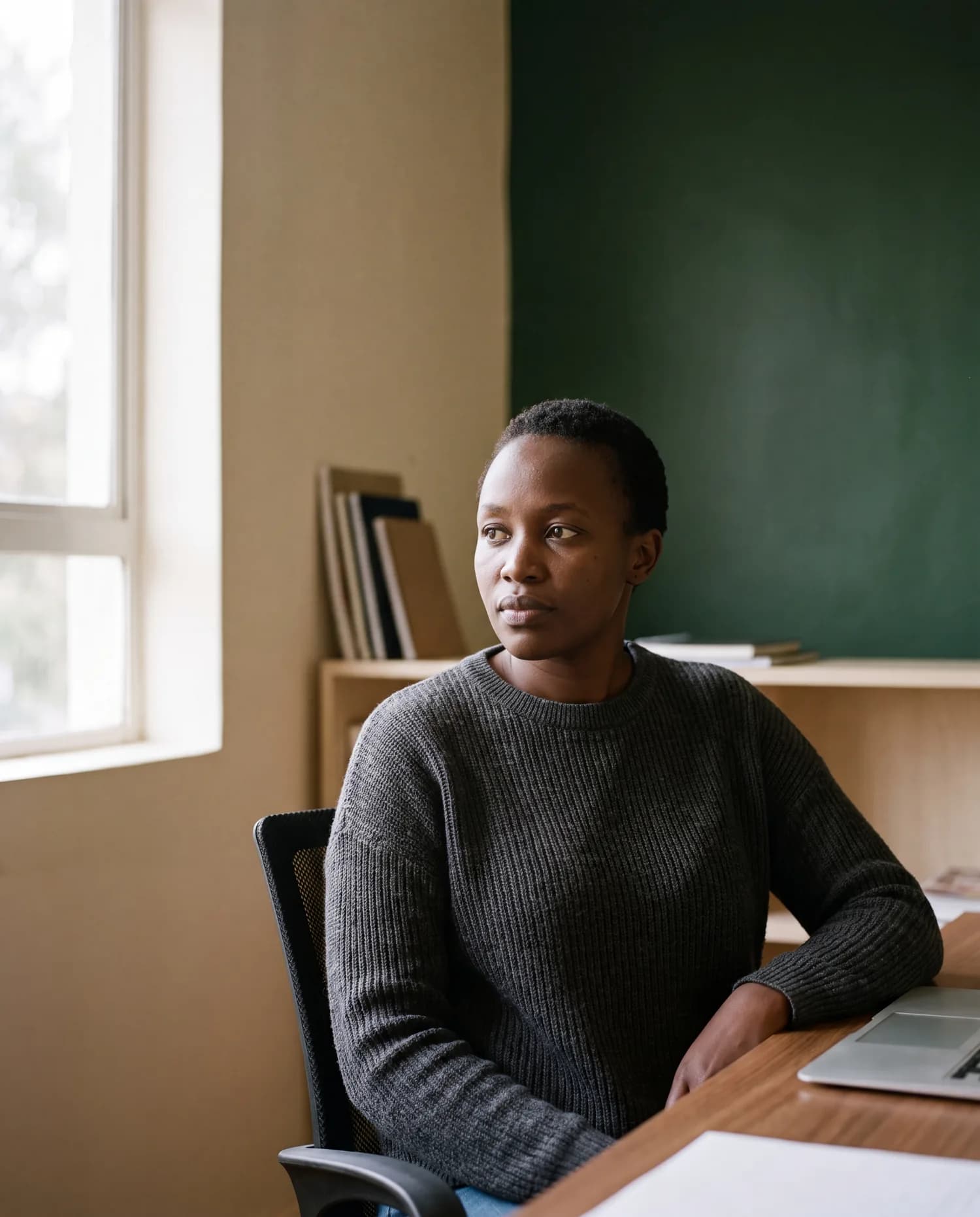 An engineer at a desk in a Nairobi studio, turned toward soft window light.