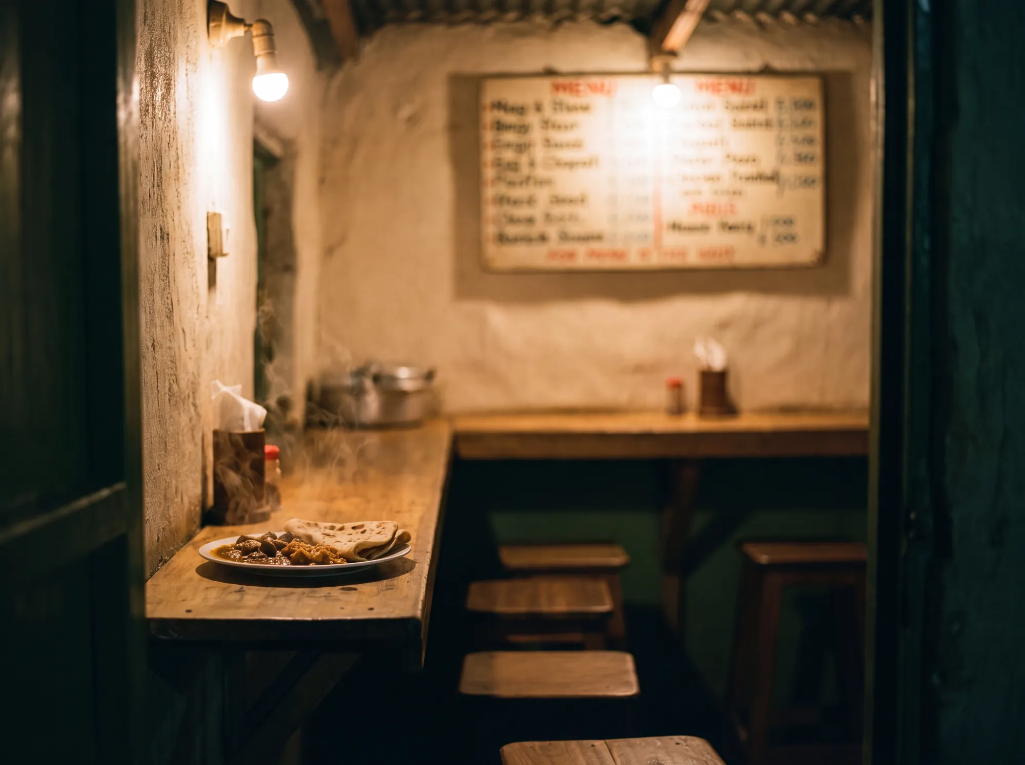A warm, dimly lit Kenyan casual-dining counter in the early evening, a plate of freshly prepared food steaming in the foreground.