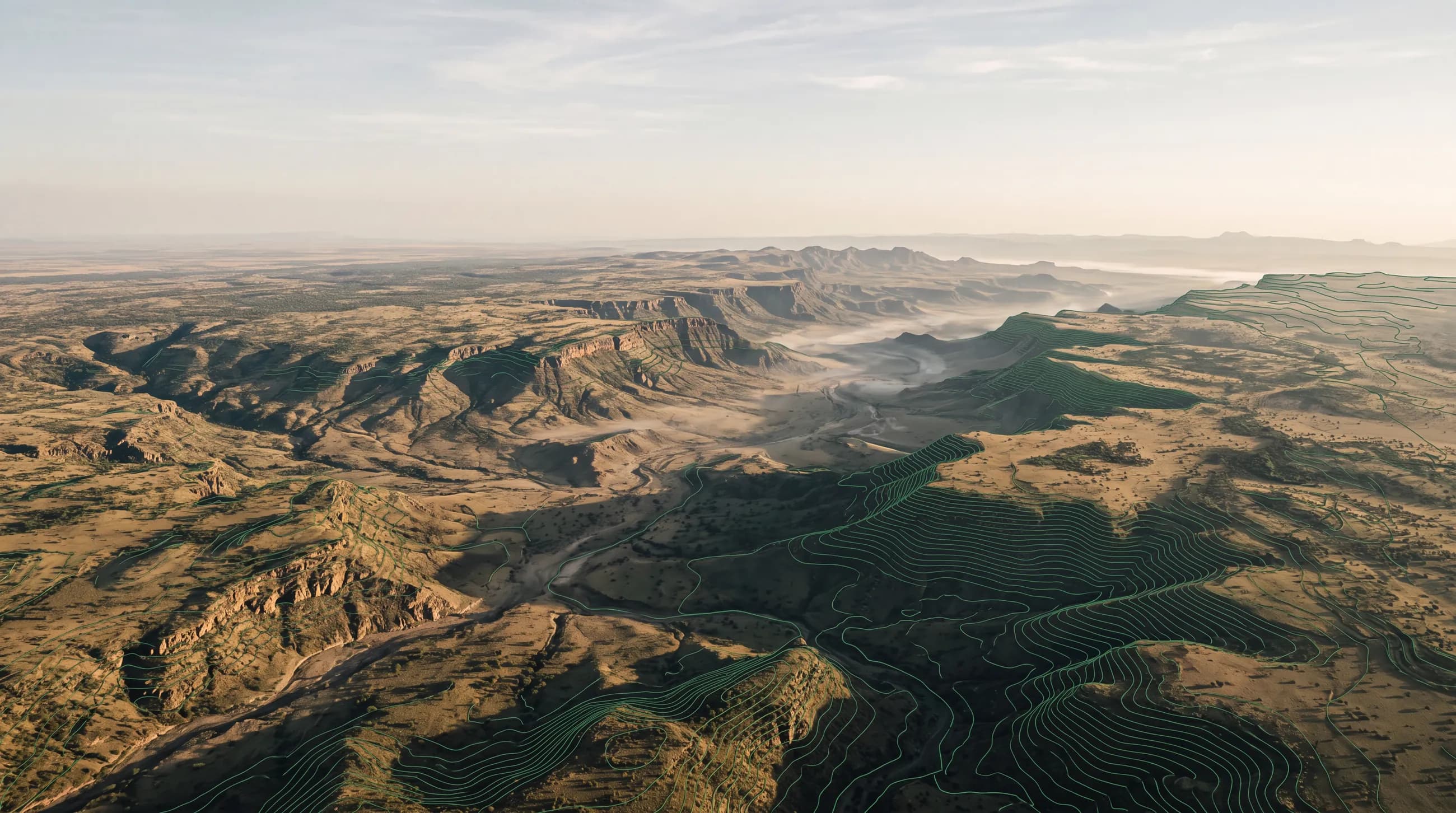 Aerial view of the East African Rift Valley at first light, overlaid with fine topographic survey contours.